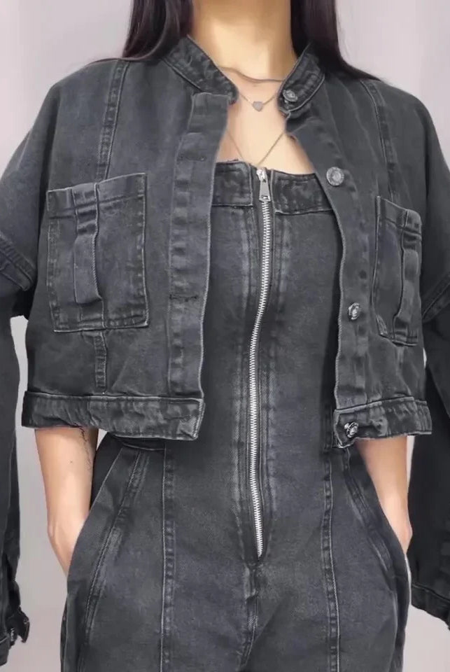 Kombinezon damski | Denim z pilotem, zamek błyskawiczny