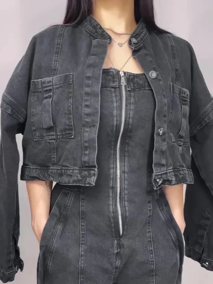 Kombinezon damski | Denim z pilotem, zamek błyskawiczny
