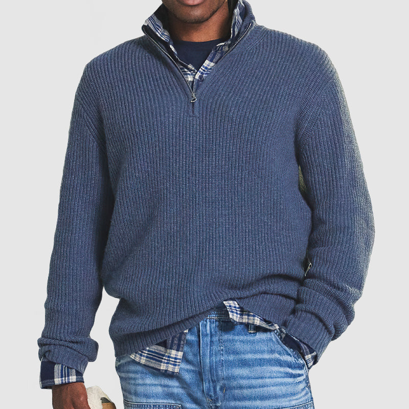 Męski kaszmir-lookowy sweter - business-casual - z zamkiem błyskawicznym