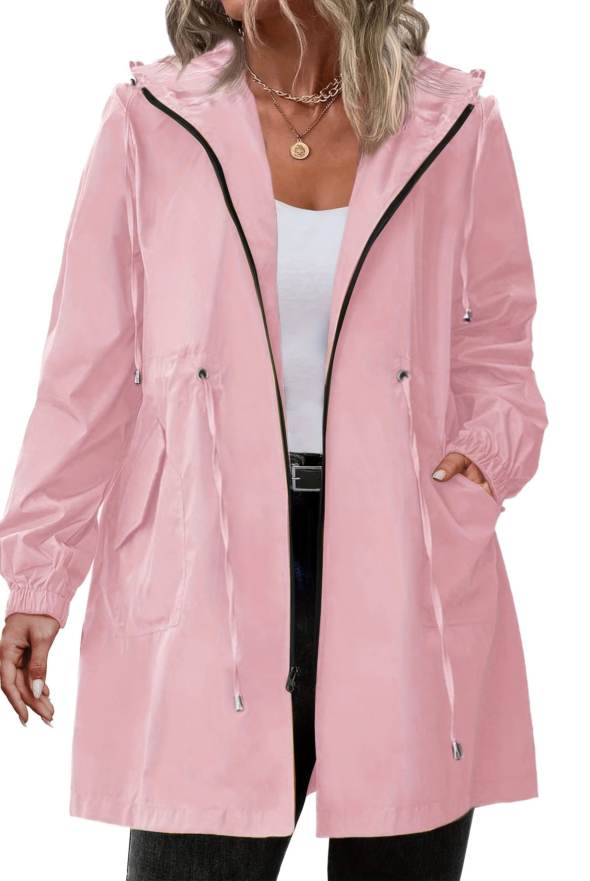 Płaszcz Przeciwdeszczowy Damski Plus Size | Kaptur, Zamek | Wielokolorowy