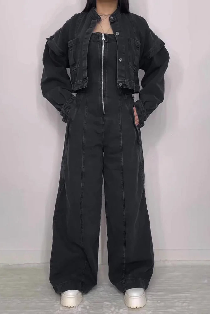 Kombinezon damski | Denim z pilotem, zamek błyskawiczny