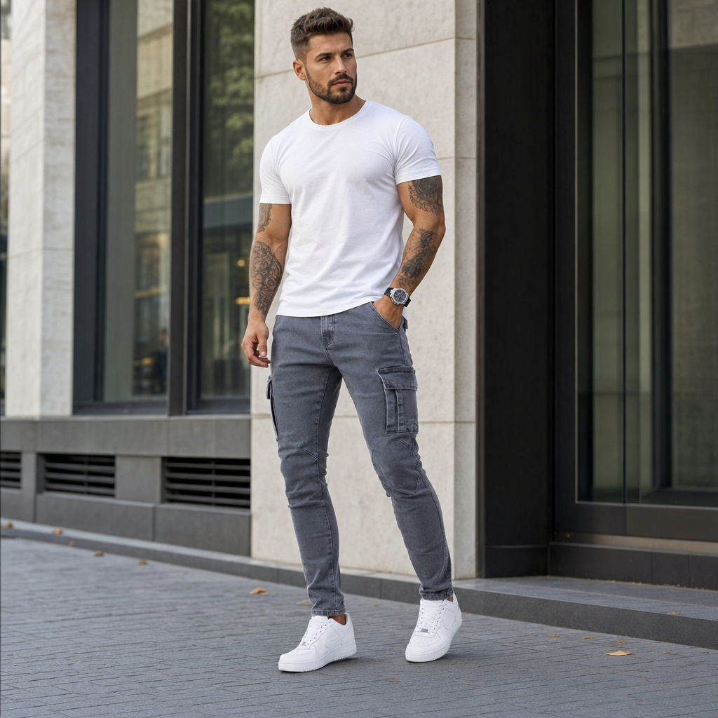 Thalia | Męskie Jeansowe Spodnie Cargo Slim Fit