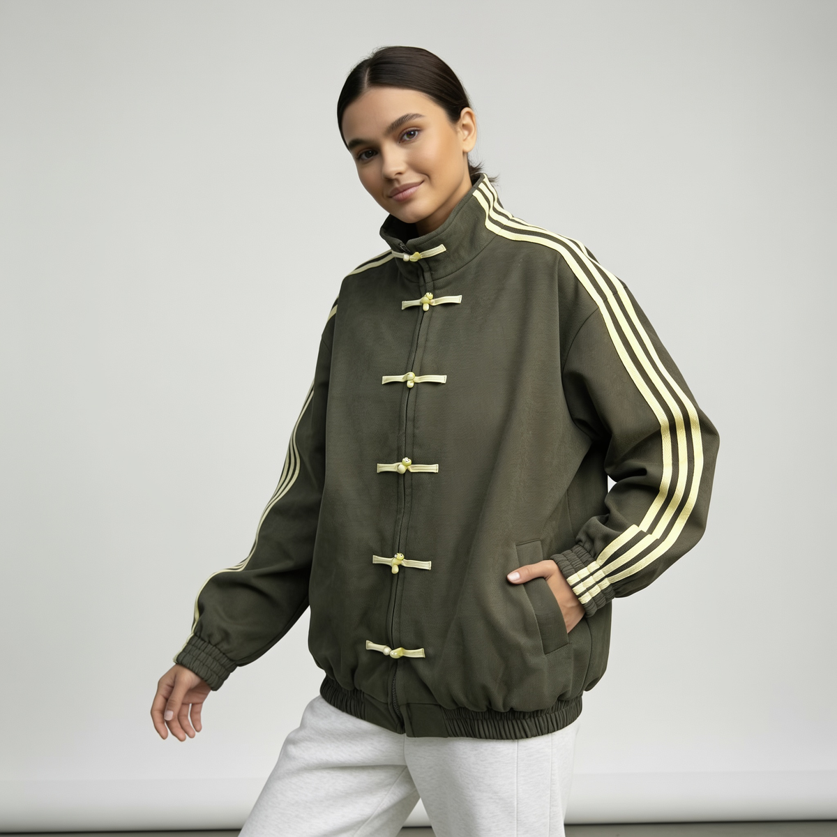 Damska bluza dresowa retro sportowa z guzikami i kontrastującymi paskami