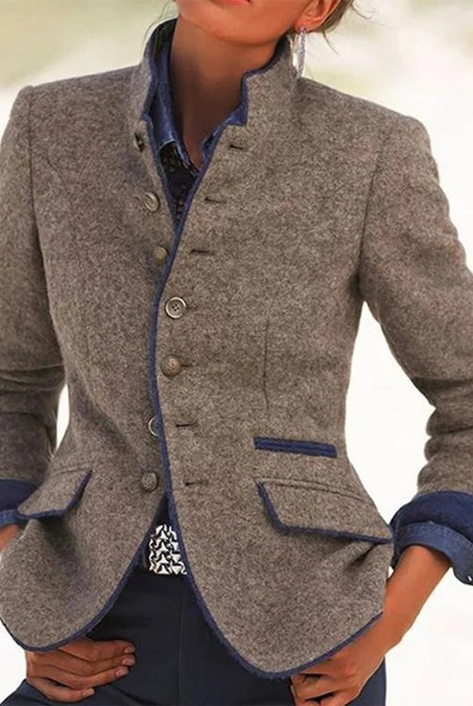 Blazer Damski | Biały Kolor, Kołnierz Stojący | Dopasowany Krój