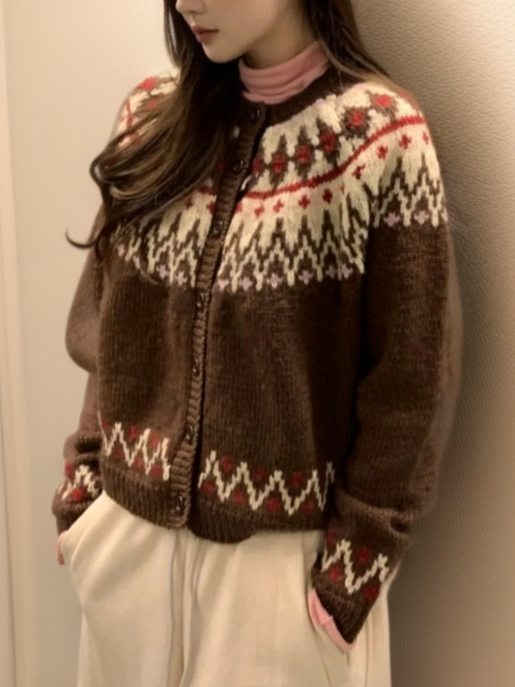 Sweter dzianinowy wzór skandynawski vintage islandzki motyw plemienny