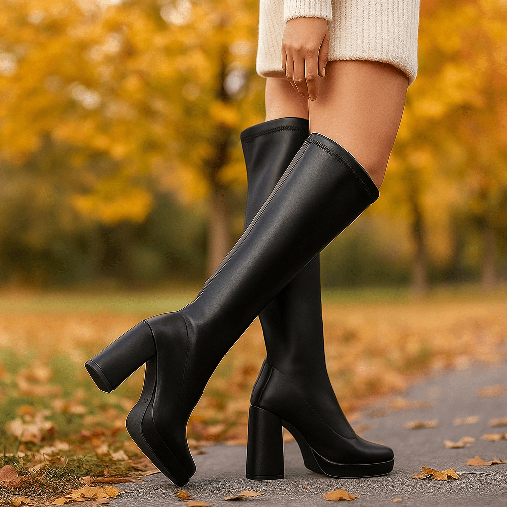 Kobiece Botki Przez Kolano - Chunky Obcas - Platforma - Polerowana Forma - vivano - warszawa