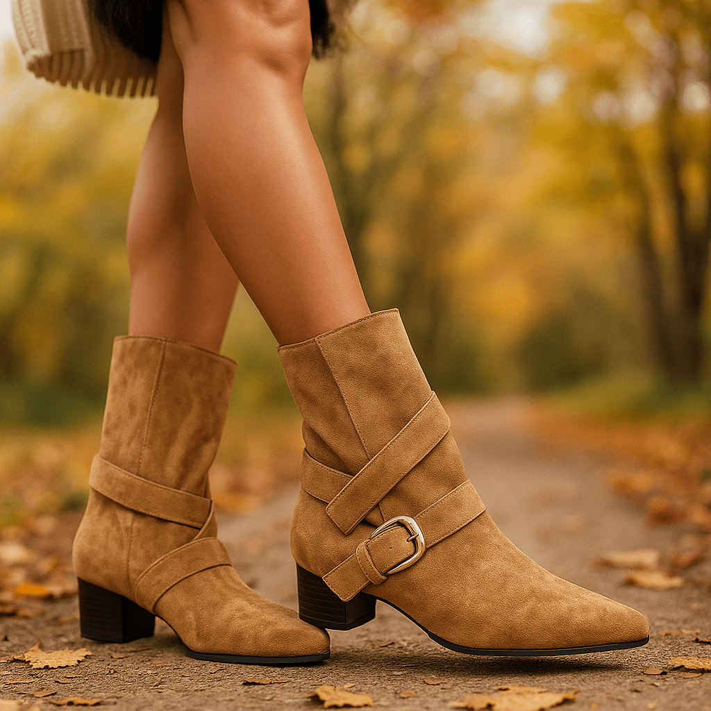 Kobiece Botki - Zamsz - Szpiczasty Nosek - Pasek Zapięcia - Niski Obcas - vivano - warszawa