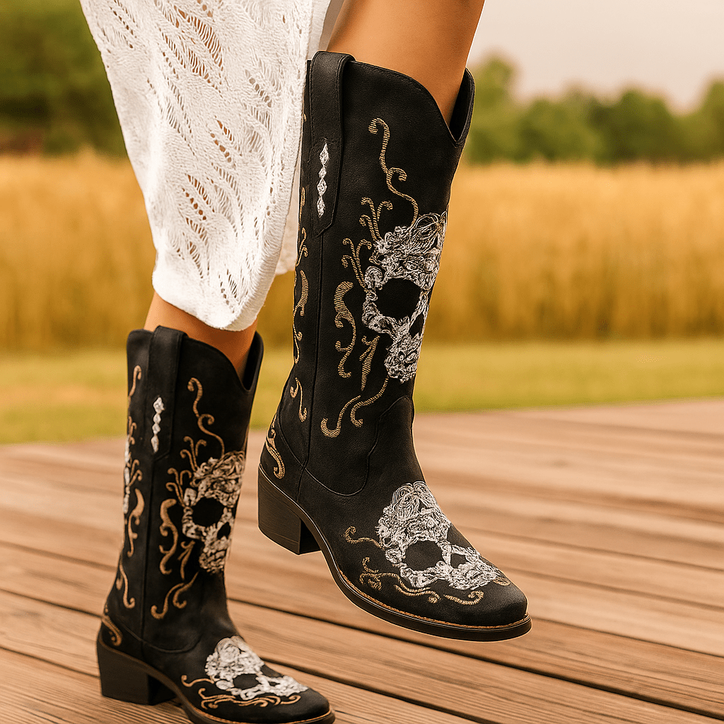 Kobiece Kowbojskie Botki – Haftowana Czaszka – Gruba Obcas – Szpiczasta Nos - vivano - warszawa