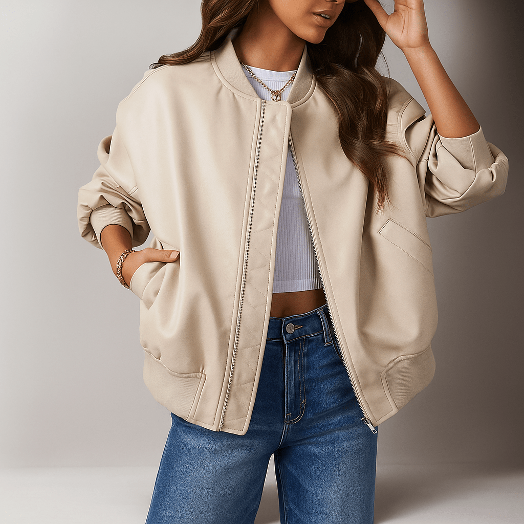 Kobiece Oversized Skórzane Kurtki - Zamek Błyskawiczny - Żebrowany Brzeg - Długość w Biodrach - vivano - warszawa