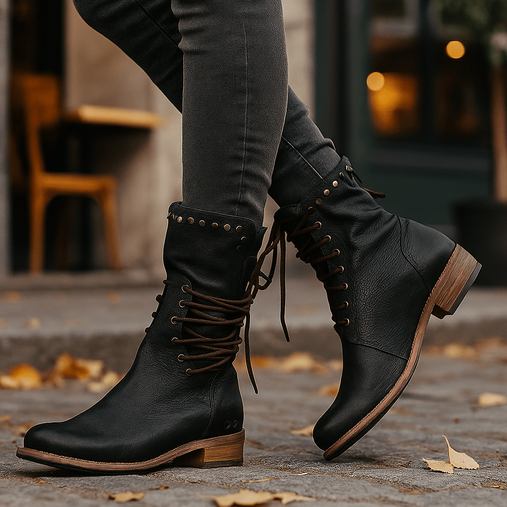 Kobiece Skórzane Botki Mid - cyfrowe – Sznurowane – Metalowe Nity – Niski Obcas - vivano - warszawa