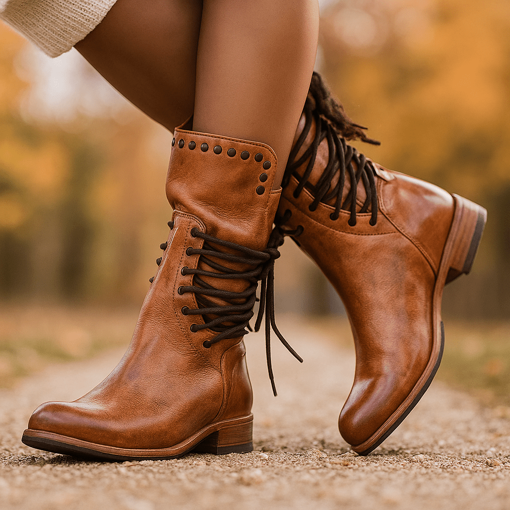 Kobiece Skórzane Botki Mid - cyfrowe – Sznurowane – Metalowe Nity – Niski Obcas - vivano - warszawa