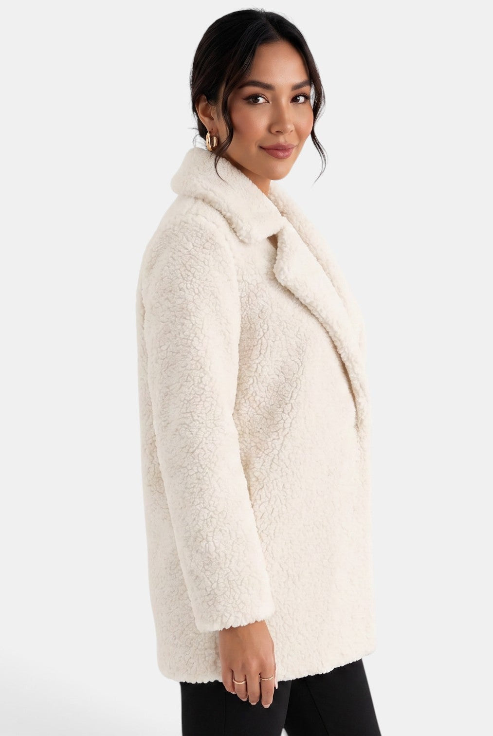 Płaszcz damski | Efekt wełny teddy, ciepły | Krótki, elegancki