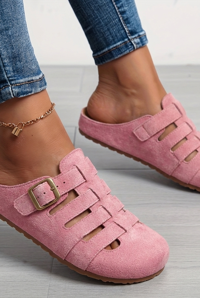 Women slip-on mule sandals with orthopedic footbed and adjustable buckle