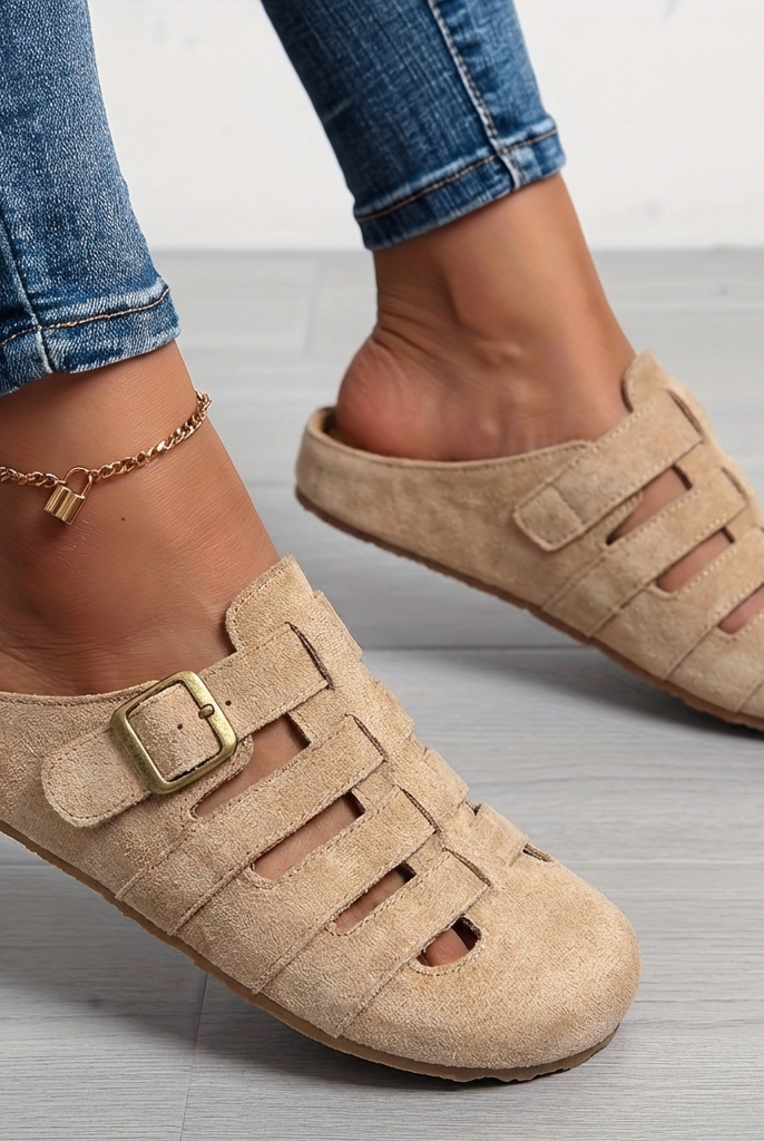 Women slip-on mule sandals with orthopedic footbed and adjustable buckle