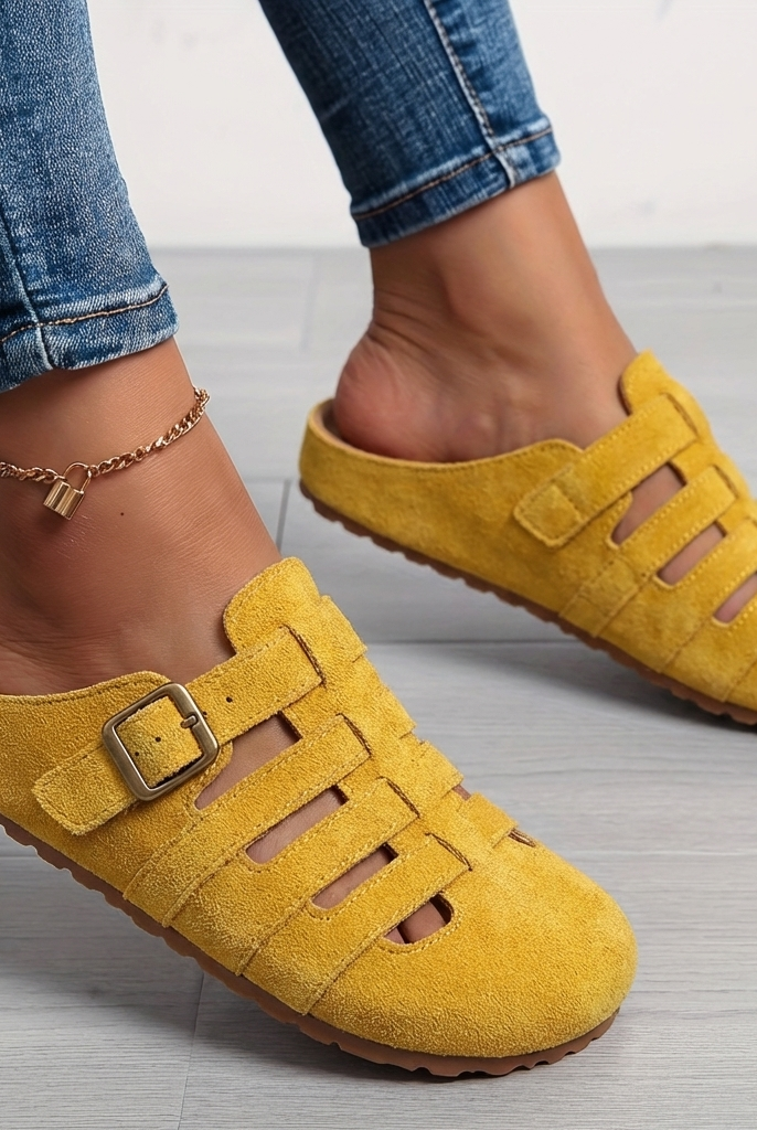 Women slip-on mule sandals with orthopedic footbed and adjustable buckle