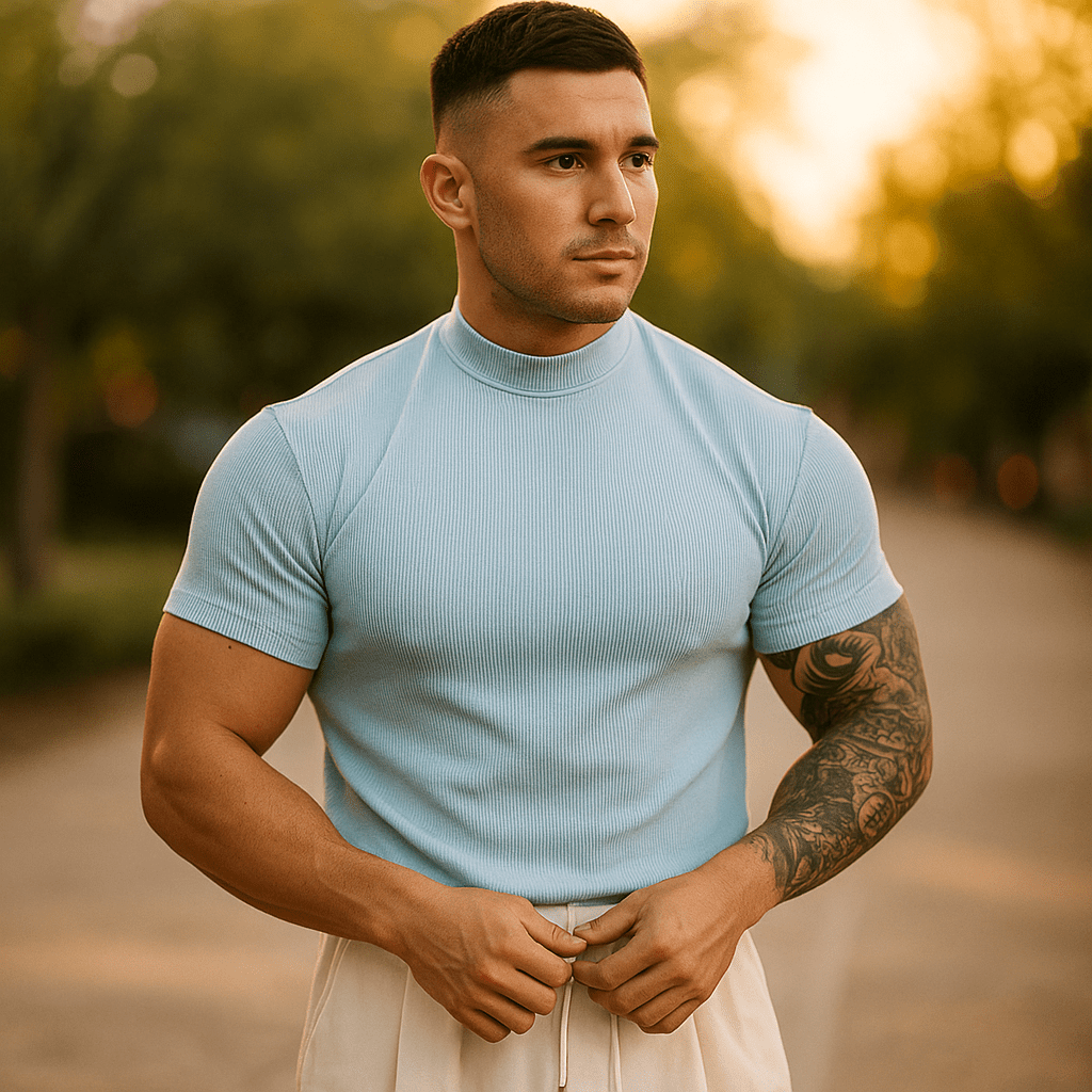 Męski dopasowany sweter ribbed - Krótki rękaw - Oddychający elastyczny materiał - vivano - warszawa