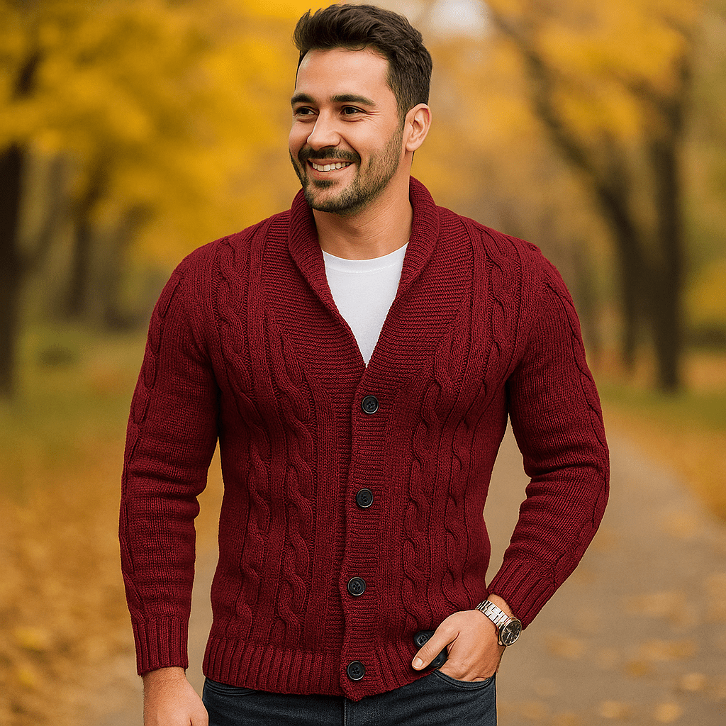 Męski Kardigan z Warkoczem - Wełniana Mieszanka - Kołnierz na Ramionach - Guziki - vivano - warszawa