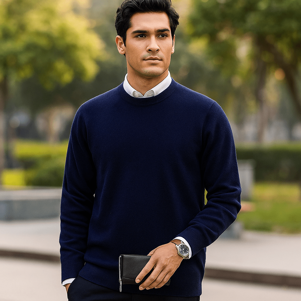 Męski Sweter Crew Neck - Miękka Wełna - Żebrowany Brzeg - Regular Fit - vivano - warszawa