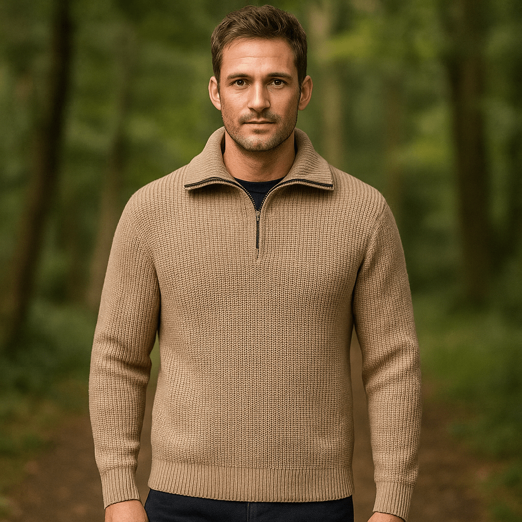 Męski Sweter Half - Zip - Strukturalny Knit - Wysoka Kratka - Żebrowane Manżety - vivano - warszawa