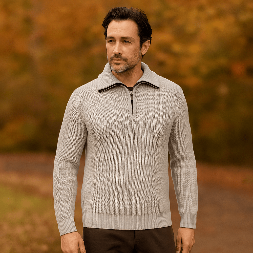 Męski Sweter Half - Zip - Strukturalny Knit - Wysoka Kratka - Żebrowane Manżety - vivano - warszawa