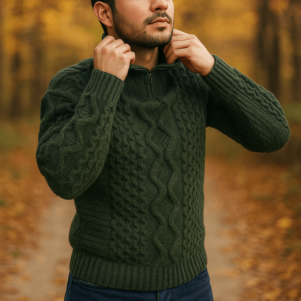 Męski Sweter Kabelstryk – Wysoka Szyja – Zamek – Prążkowane Rękawy - vivano - warszawa