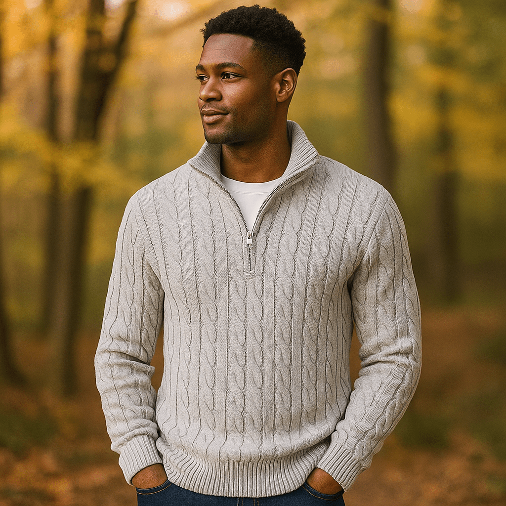 Męski Sweter Kabelstryk - Zamek 1/4 - Żebrowany Kołnierz i Manżety - Ciepły i Stylowy - vivano - warszawa