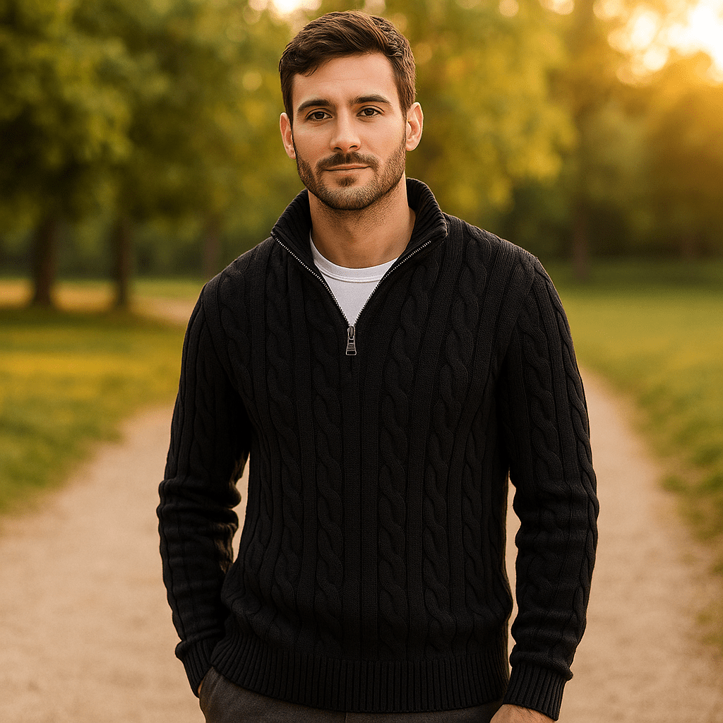 Męski Sweter Kabelstryk - Zamek 1/4 - Żebrowany Kołnierz i Manżety - Ciepły i Stylowy - vivano - warszawa