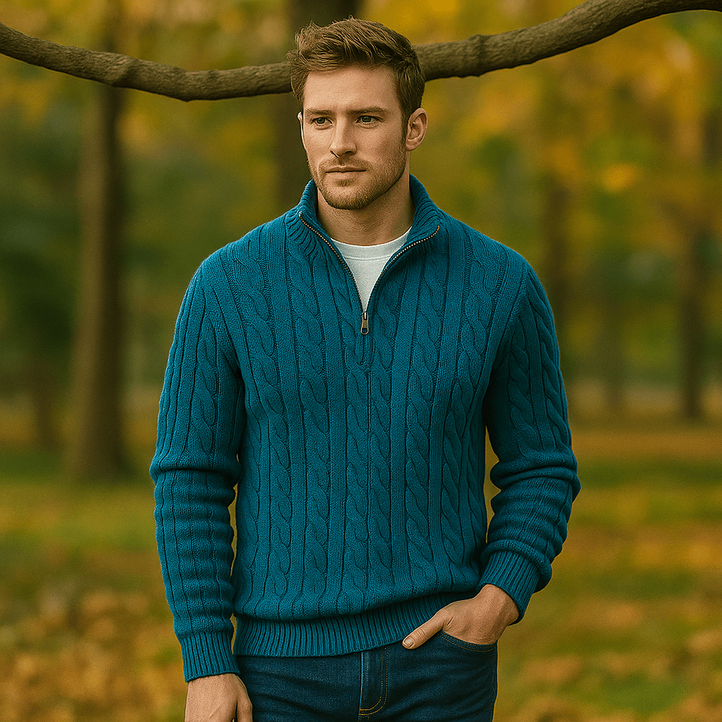Męski Sweter Kabelstryk - Zamek 1/4 - Żebrowany Kołnierz i Manżety - Ciepły i Stylowy - vivano - warszawa