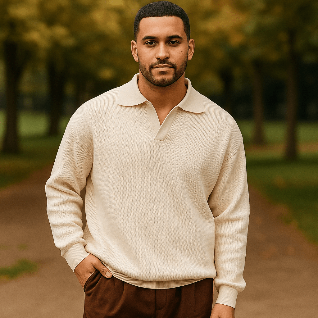 Męski Sweter Robiony - Luźny Krój - Żebrowana Bawełna - Długie Rękawy - vivano - warszawa