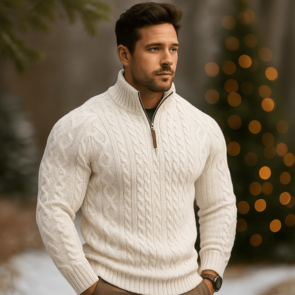 Męski Sweter w Warkocze - Pół Zamek - Wysoki Kołnierz - Ciepły Komfort - vivano - warszawa