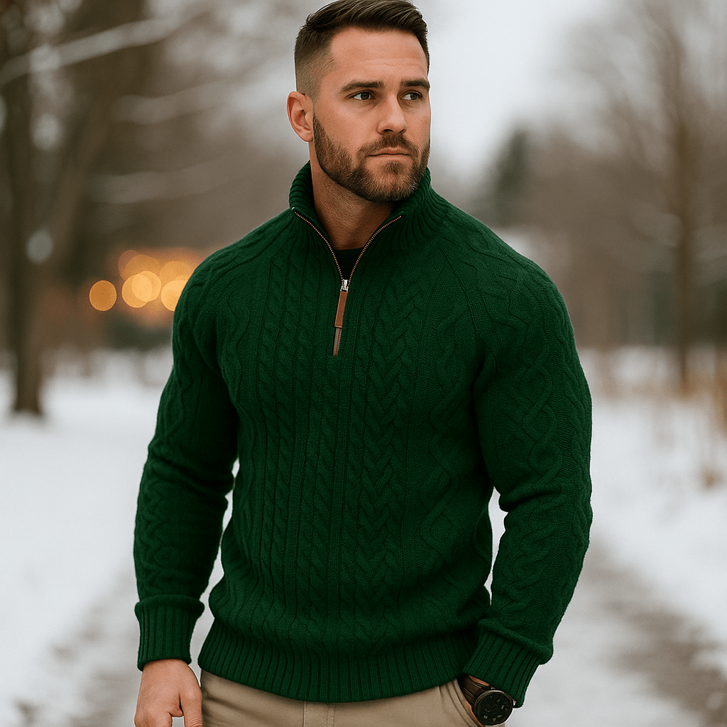 Męski Sweter w Warkocze - Pół Zamek - Wysoki Kołnierz - Ciepły Komfort - vivano - warszawa