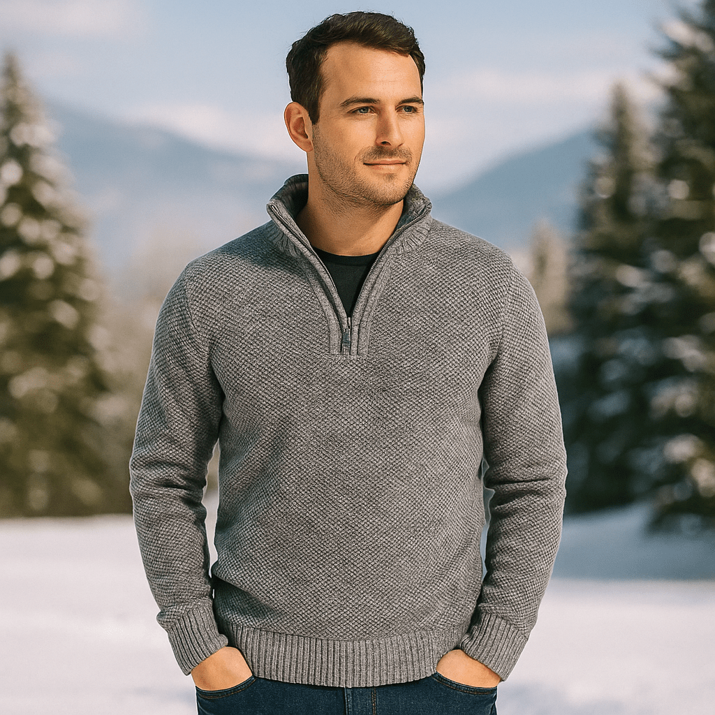 Męski Sweter Wełniany - Mieszanka Wełny - Kwart Zip - Żebrowany Kołnierz - vivano - warszawa