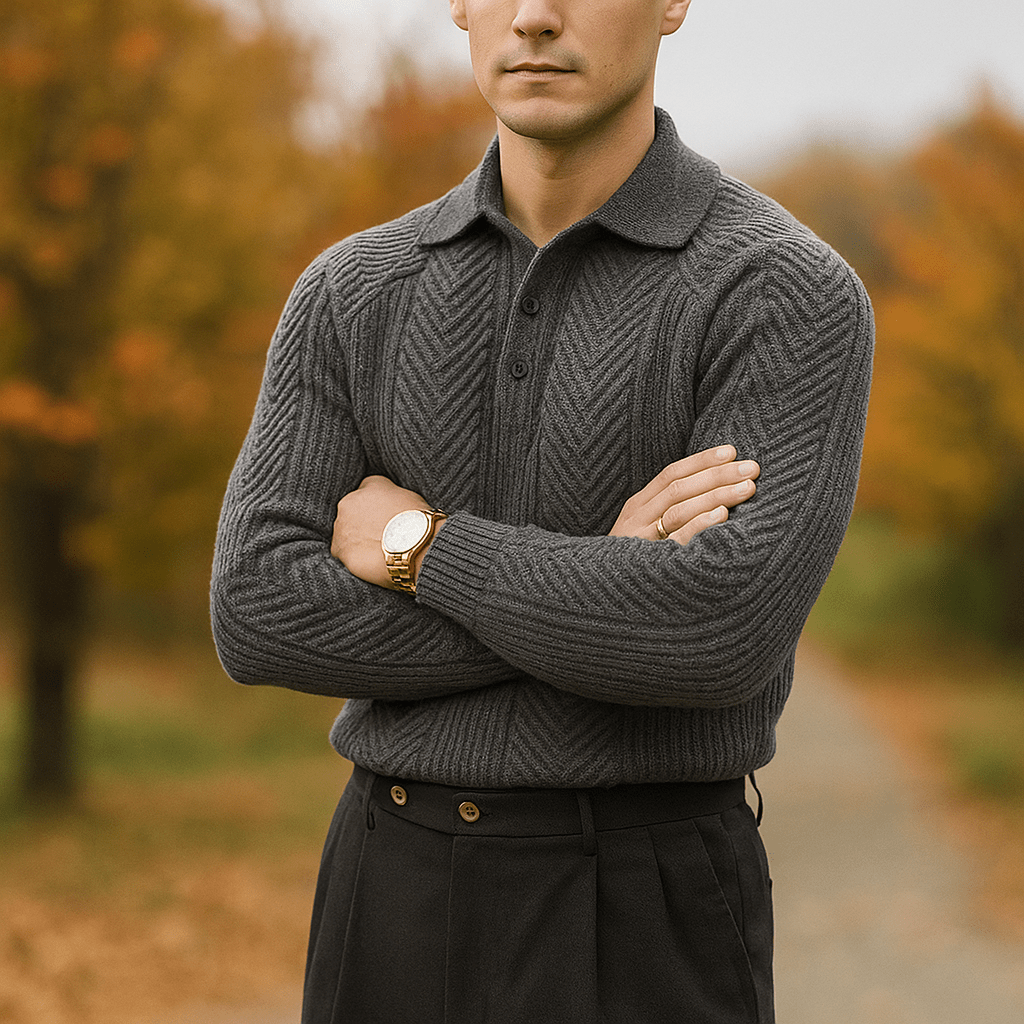Męski Sweter Wełniany – Slim Fit – Kołnierz Polo – Miękki Kabel - vivano - warszawa