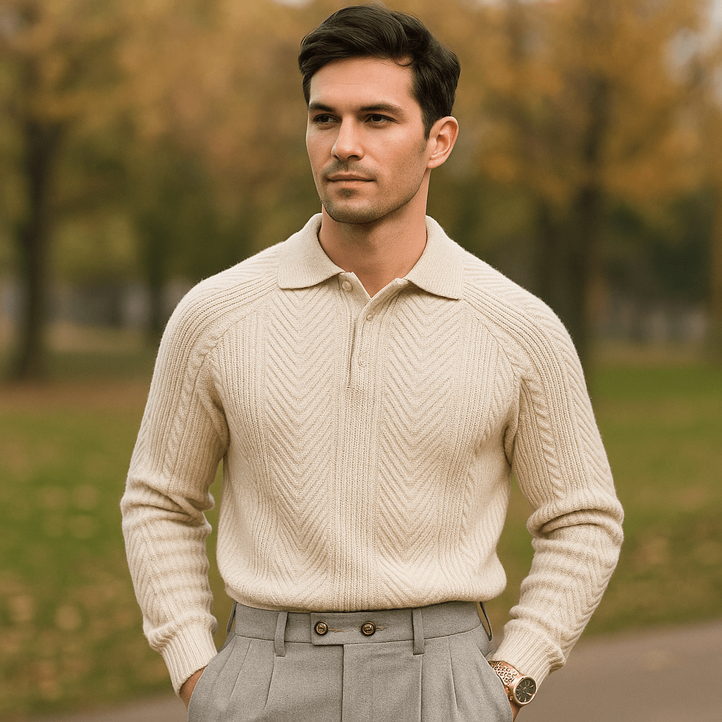 Męski Sweter Wełniany – Slim Fit – Kołnierz Polo – Miękki Kabel - vivano - warszawa