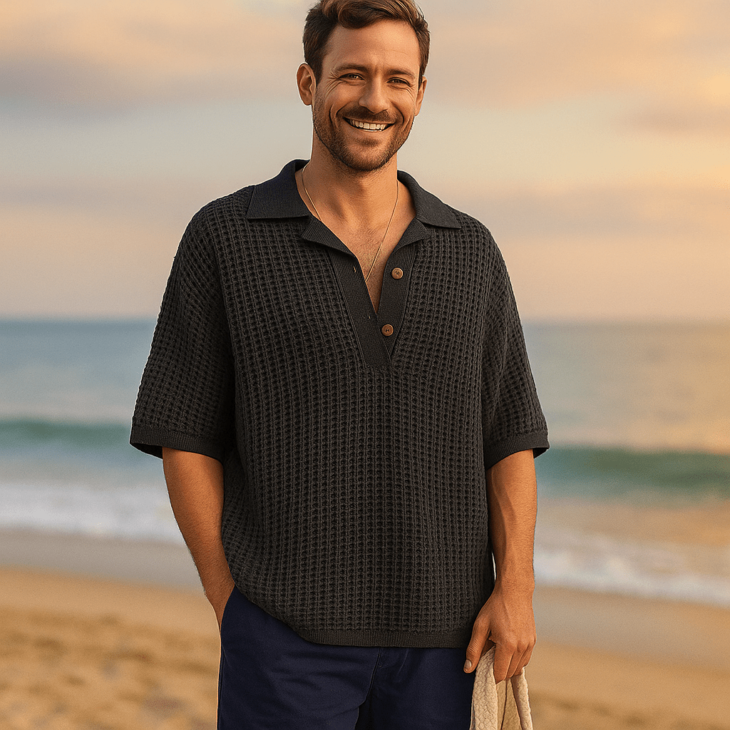 Męski Sweter Włóczkowy – Oversized Pasform – Otwarty Splot – Krótki Rękaw - vivano - warszawa