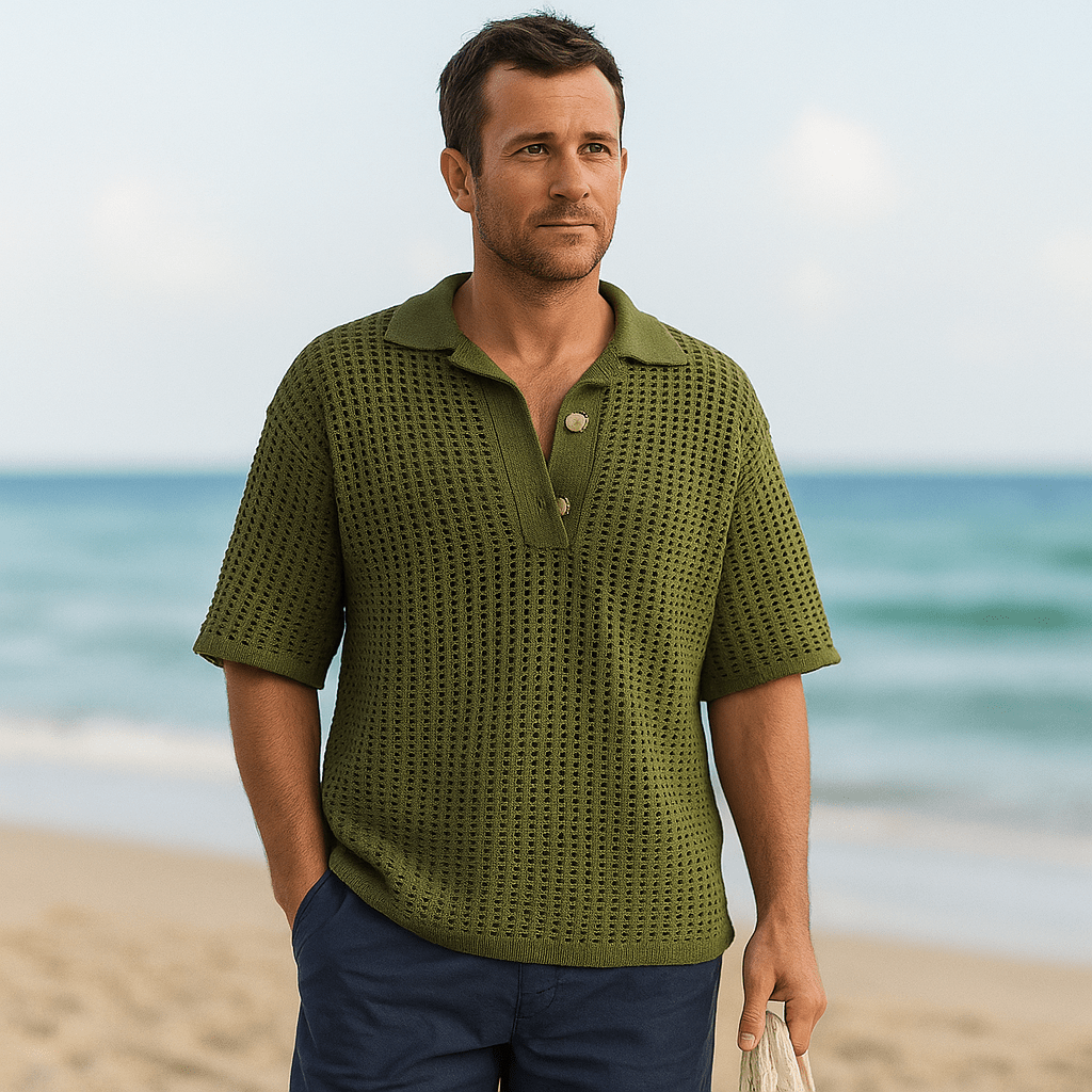 Męski Sweter Włóczkowy – Oversized Pasform – Otwarty Splot – Krótki Rękaw - vivano - warszawa