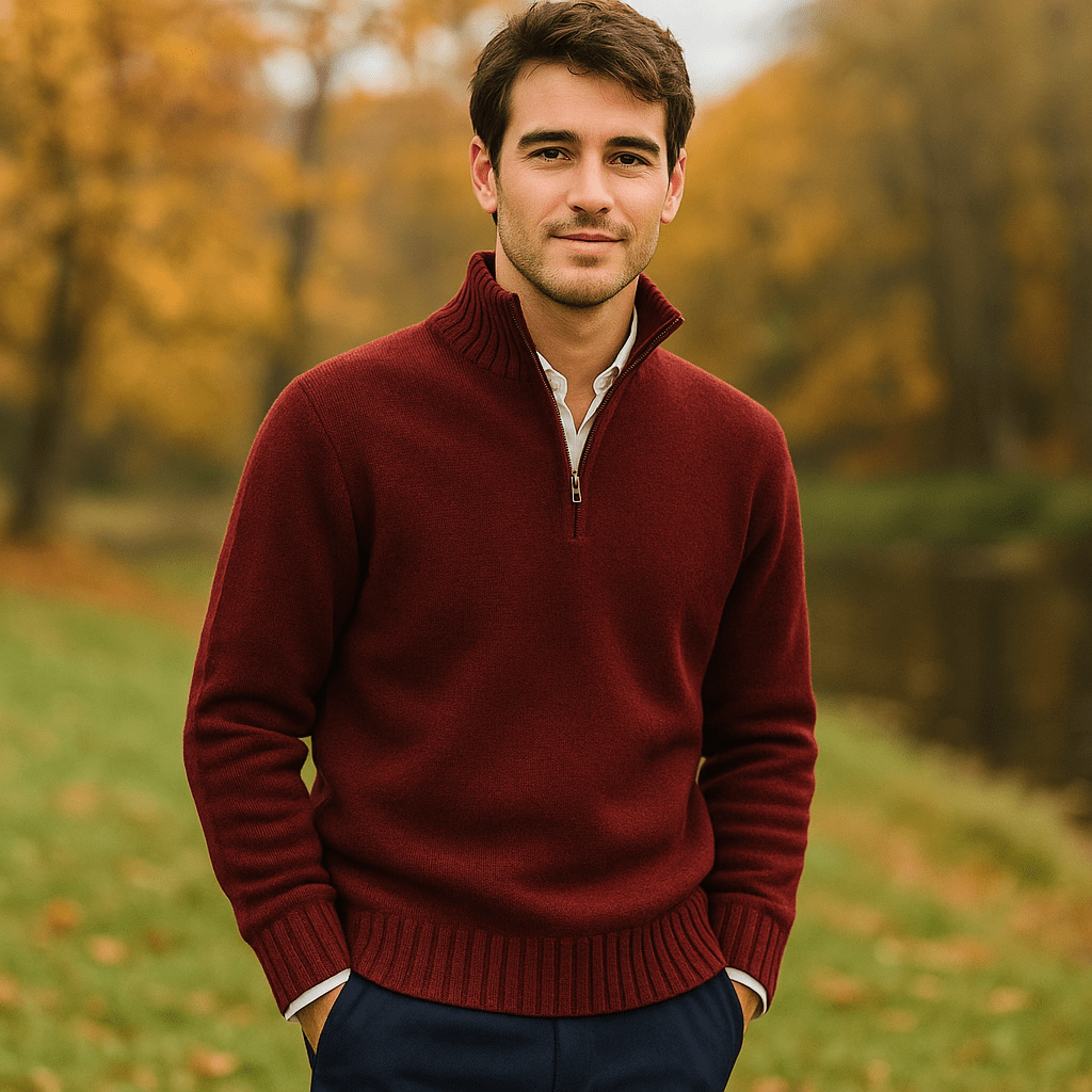 Męski Sweter z Ćwierć Zamkiem - Miękka Dzianina - Wysoki Kołnierz - vivano - warszawa