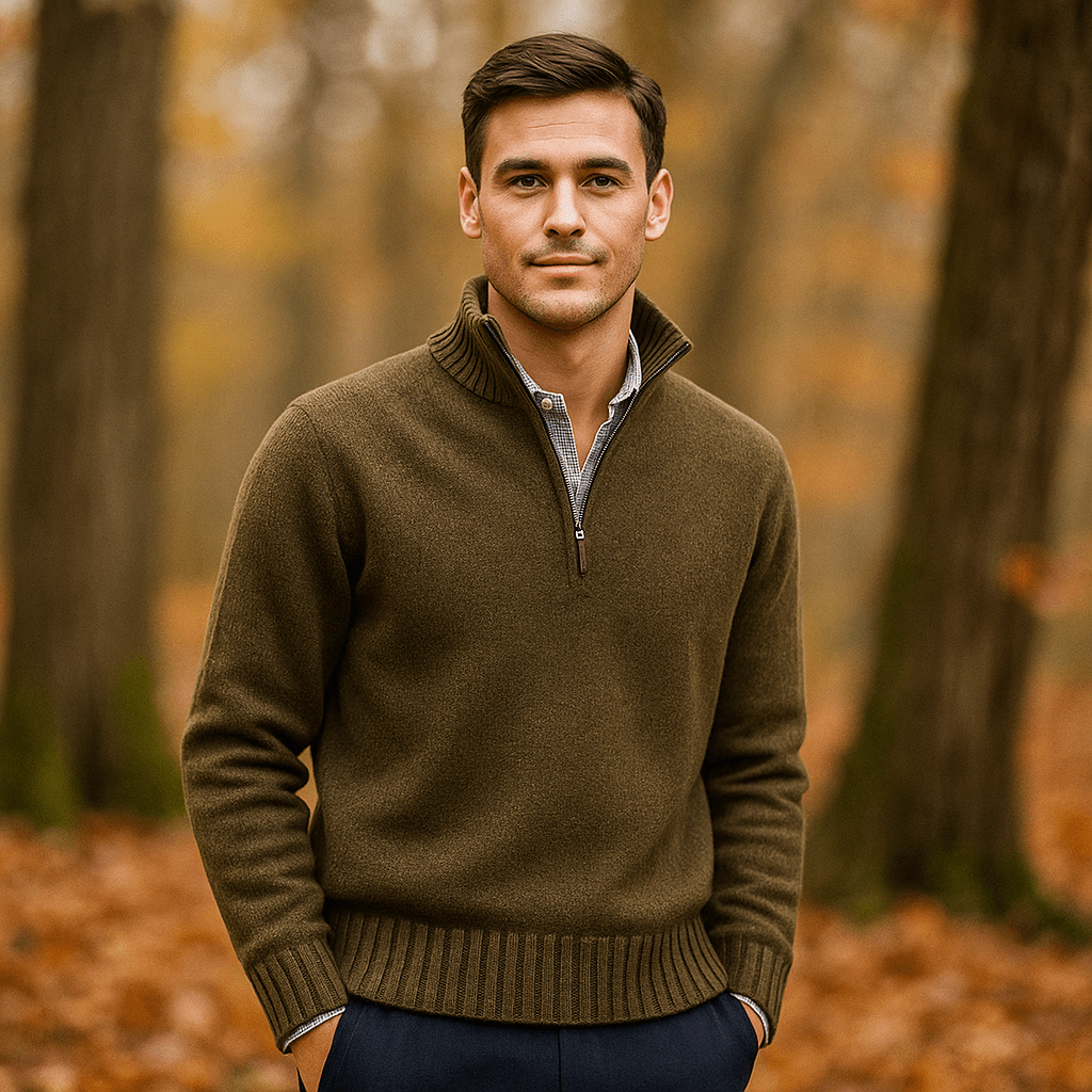 Męski Sweter z Ćwierć Zamkiem - Miękka Dzianina - Wysoki Kołnierz - vivano - warszawa