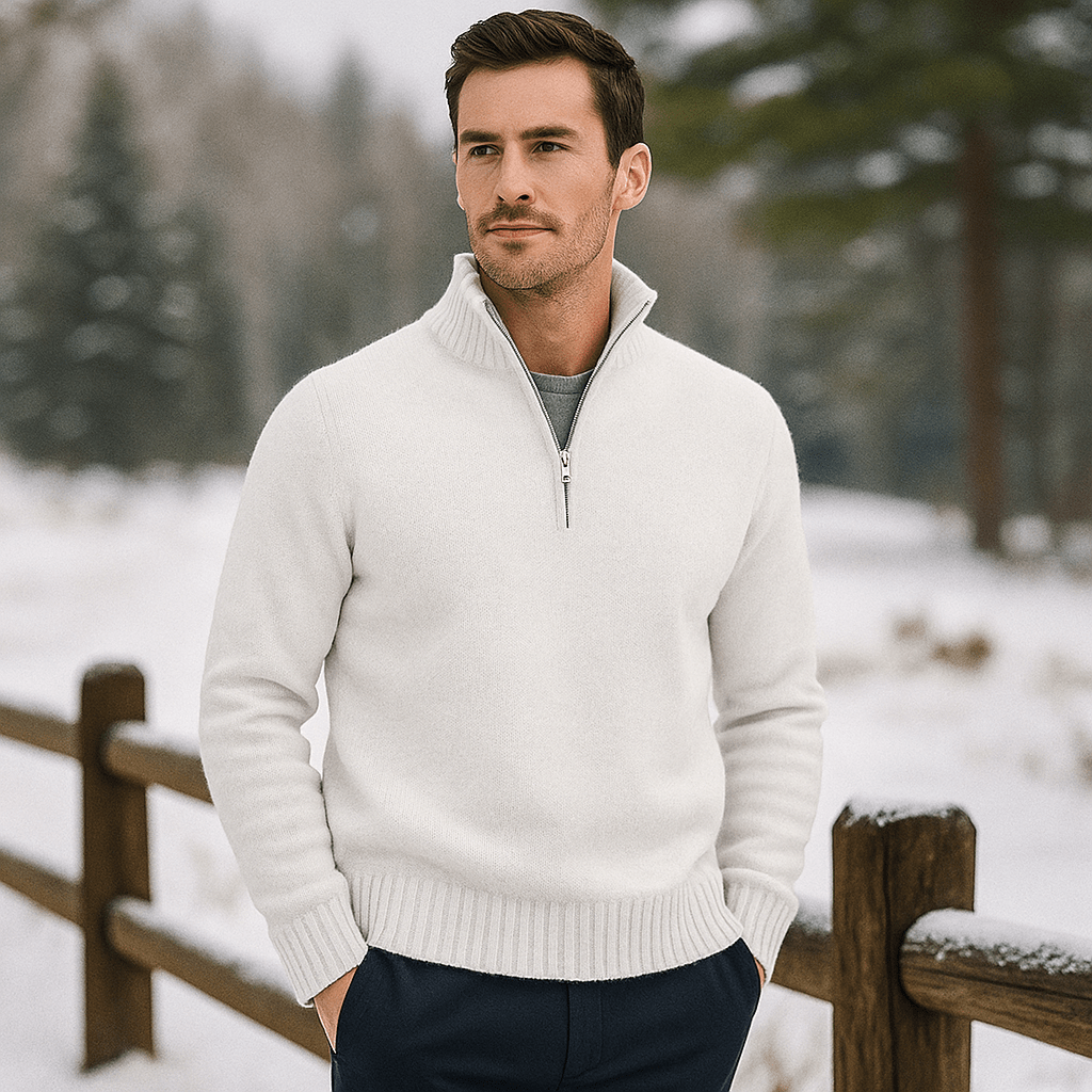 Męski Sweter z Ćwierć Zamkiem - Miękka Dzianina - Wysoki Kołnierz - vivano - warszawa