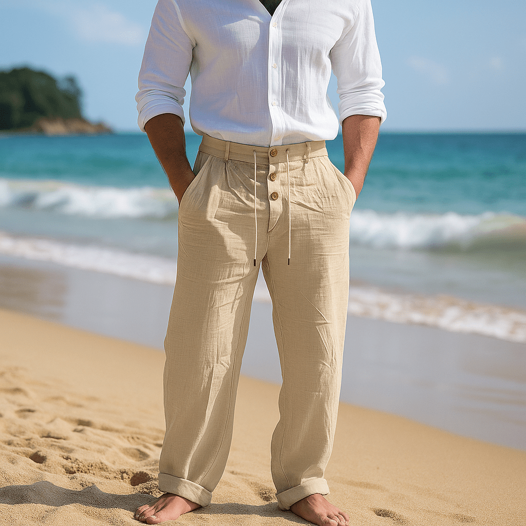 Męskie Spodnie Lnianie - Wysoki Stan - Wygodne Kieszenie - vivano - warszawa