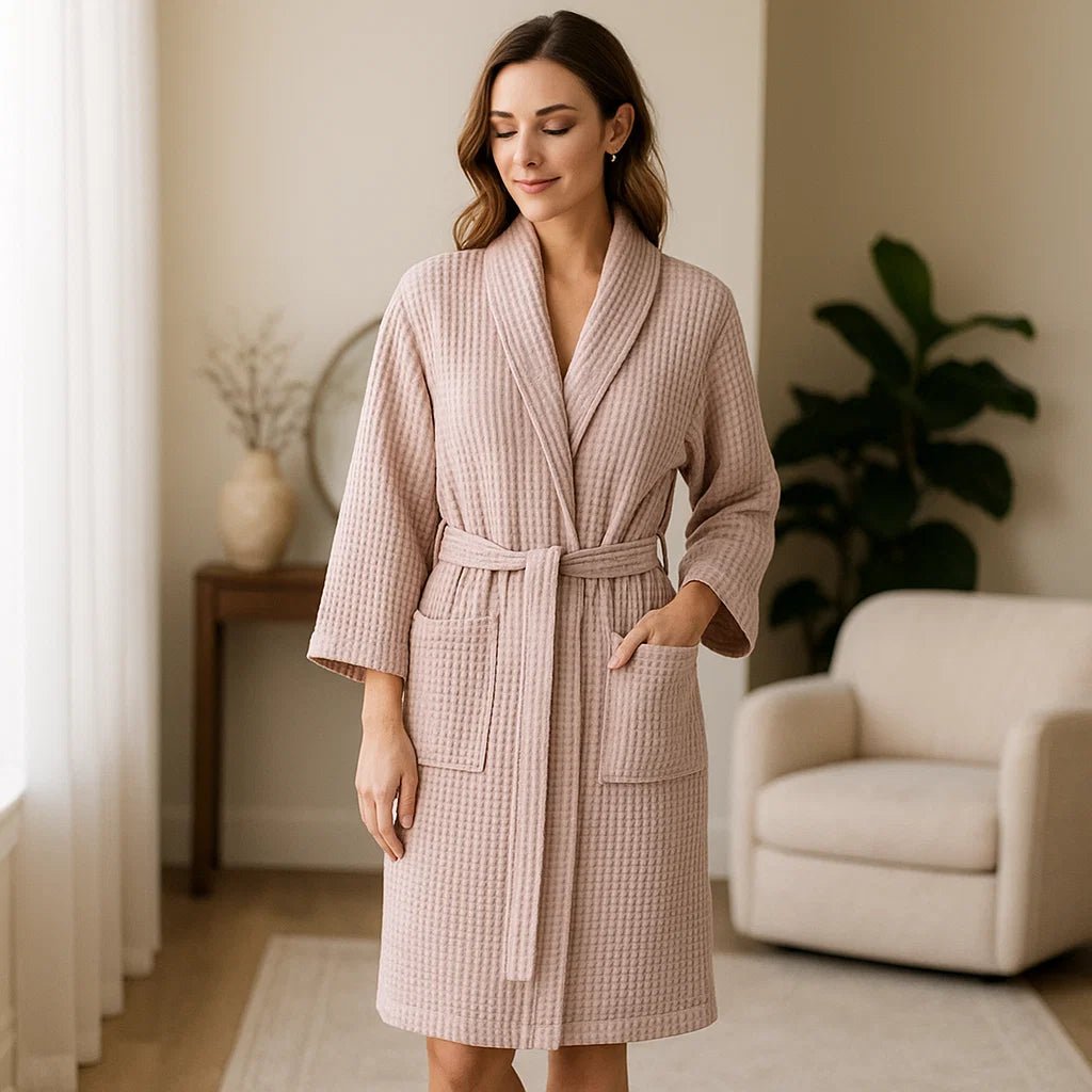 SereneLuxe – Bawełnowy Szlafrok Waflowy z Eleganckim Dekoltem w Kształcie V - vivano - warszawa