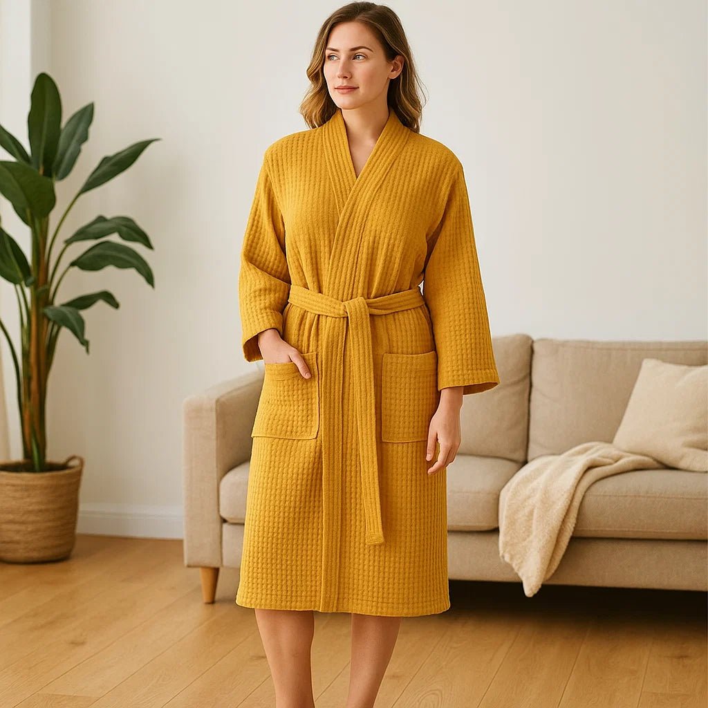 SereneLuxe – Bawełnowy Szlafrok Waflowy z Eleganckim Dekoltem w Kształcie V - vivano - warszawa