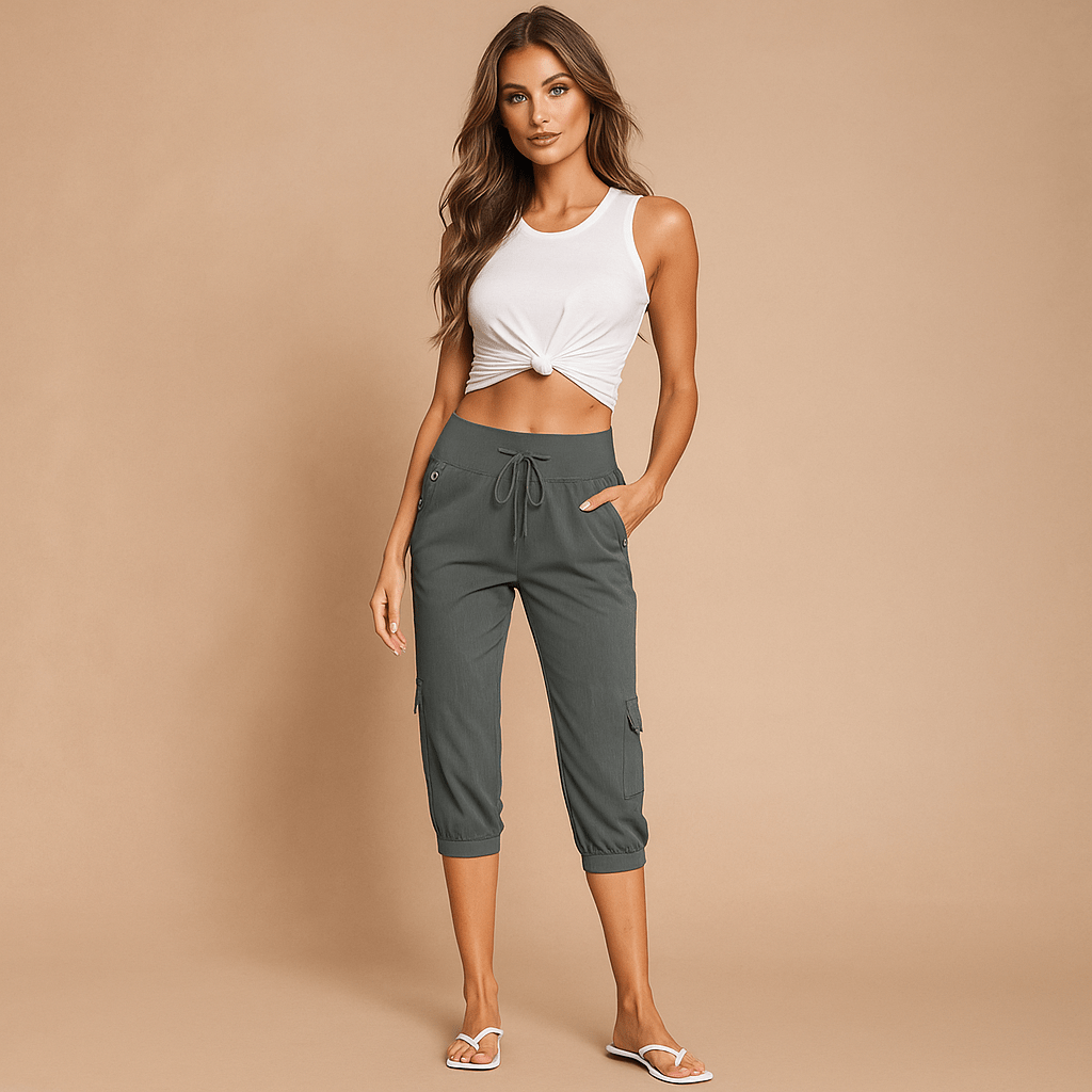 Spodnie Cargo dla Kobiet - Elastyczny Pas - Luźne Capri - Regulacja Sznurkiem - vivano - warszawa