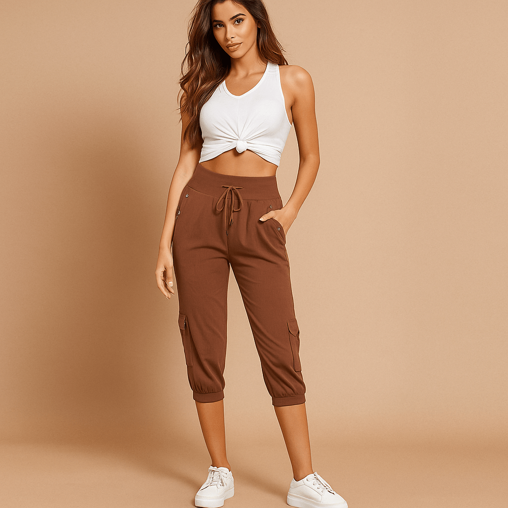 Spodnie Cargo dla Kobiet - Elastyczny Pas - Luźne Capri - Regulacja Sznurkiem - vivano - warszawa