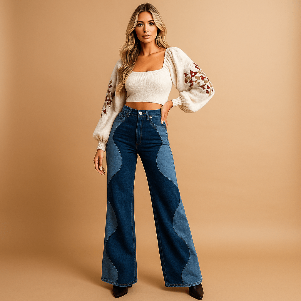 Spodnie Damskie - Flare Chic - Retro Eleganckie Luo - vivano - warszawa