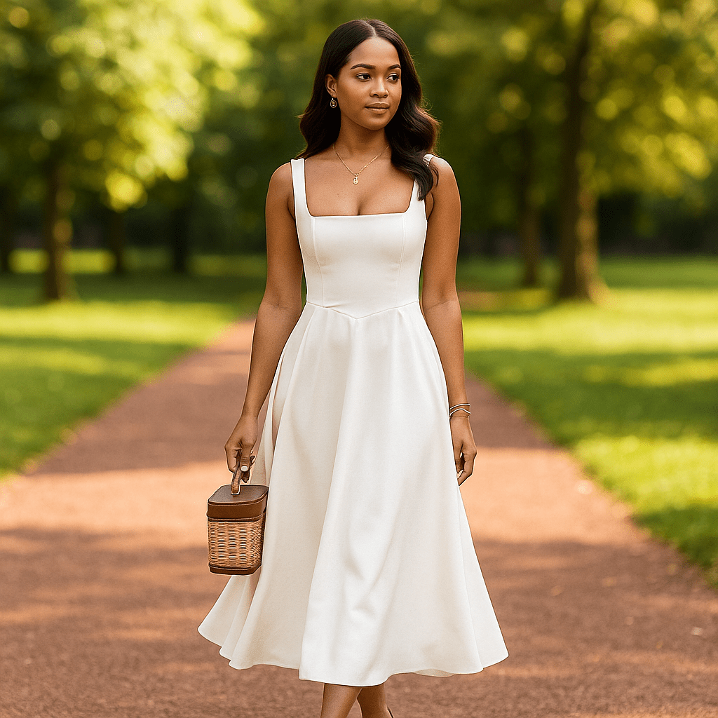 Sukienka midi z rozkloszowanym dołem i prostym dekoltem - vivano - warszawa