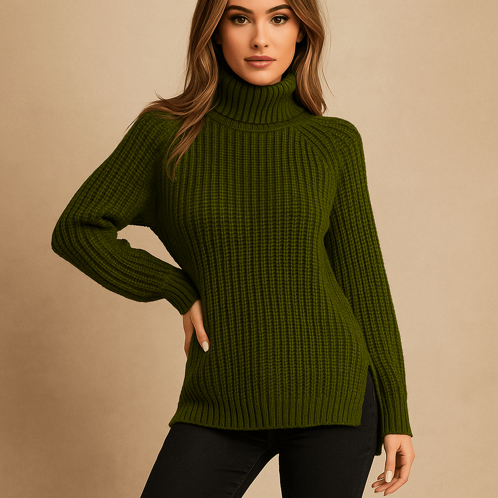 Sweter damski z golfem - prążkowany splot - pełny rozmiar - rozcięcie - vivano - warszawa