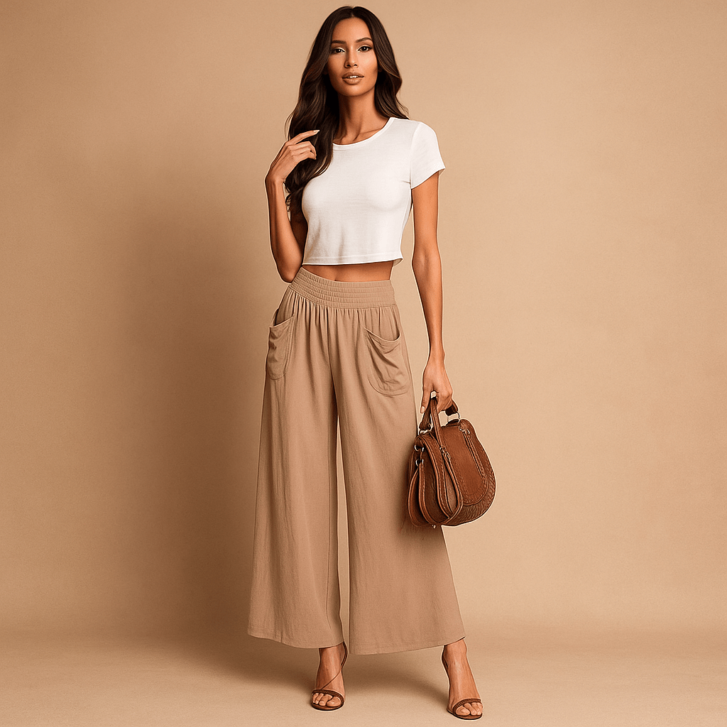 Szerokie spodnie damskie - Elastyczny pas - Boczne kieszenie - vivano - warszawa