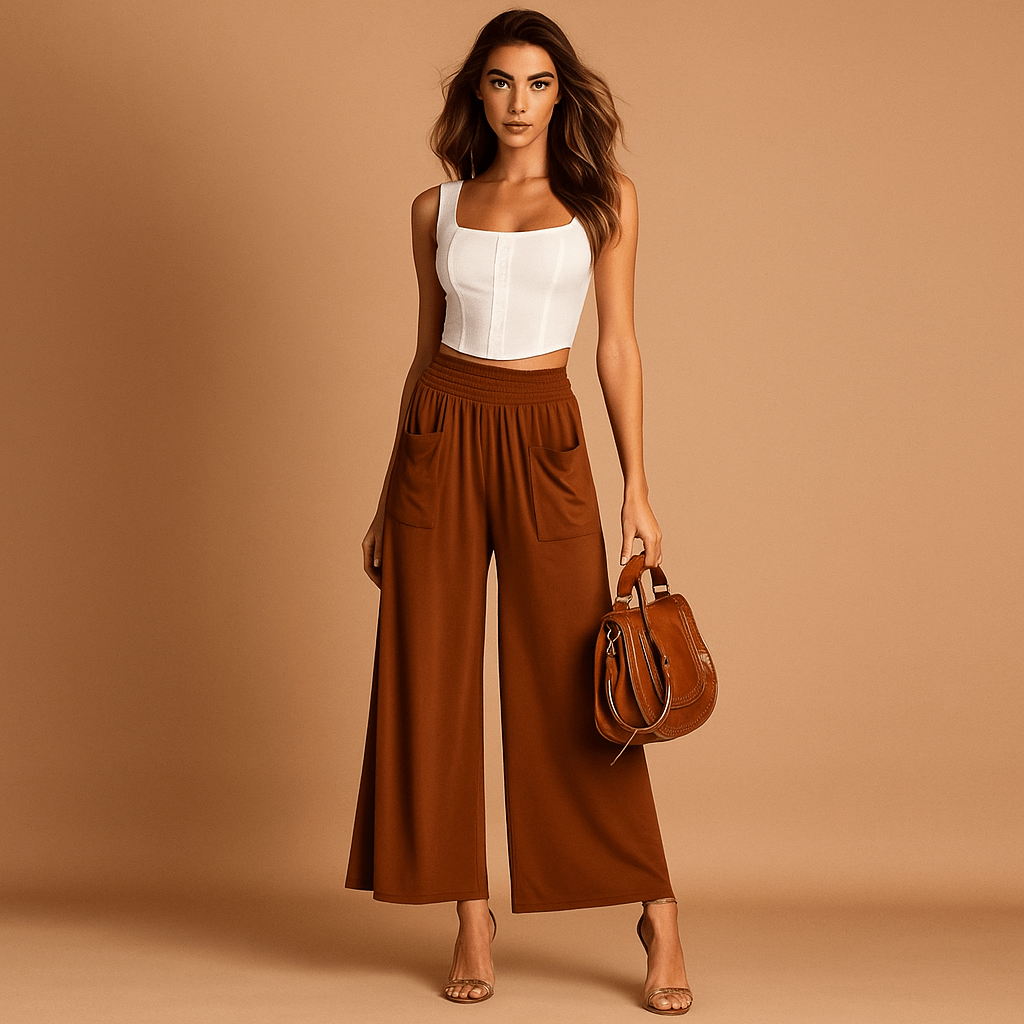 Szerokie spodnie damskie - Elastyczny pas - Boczne kieszenie - vivano - warszawa