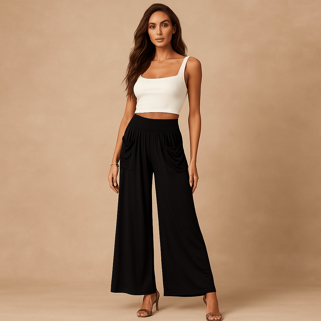 Szerokie spodnie damskie - Elastyczny pas - Boczne kieszenie - vivano - warszawa